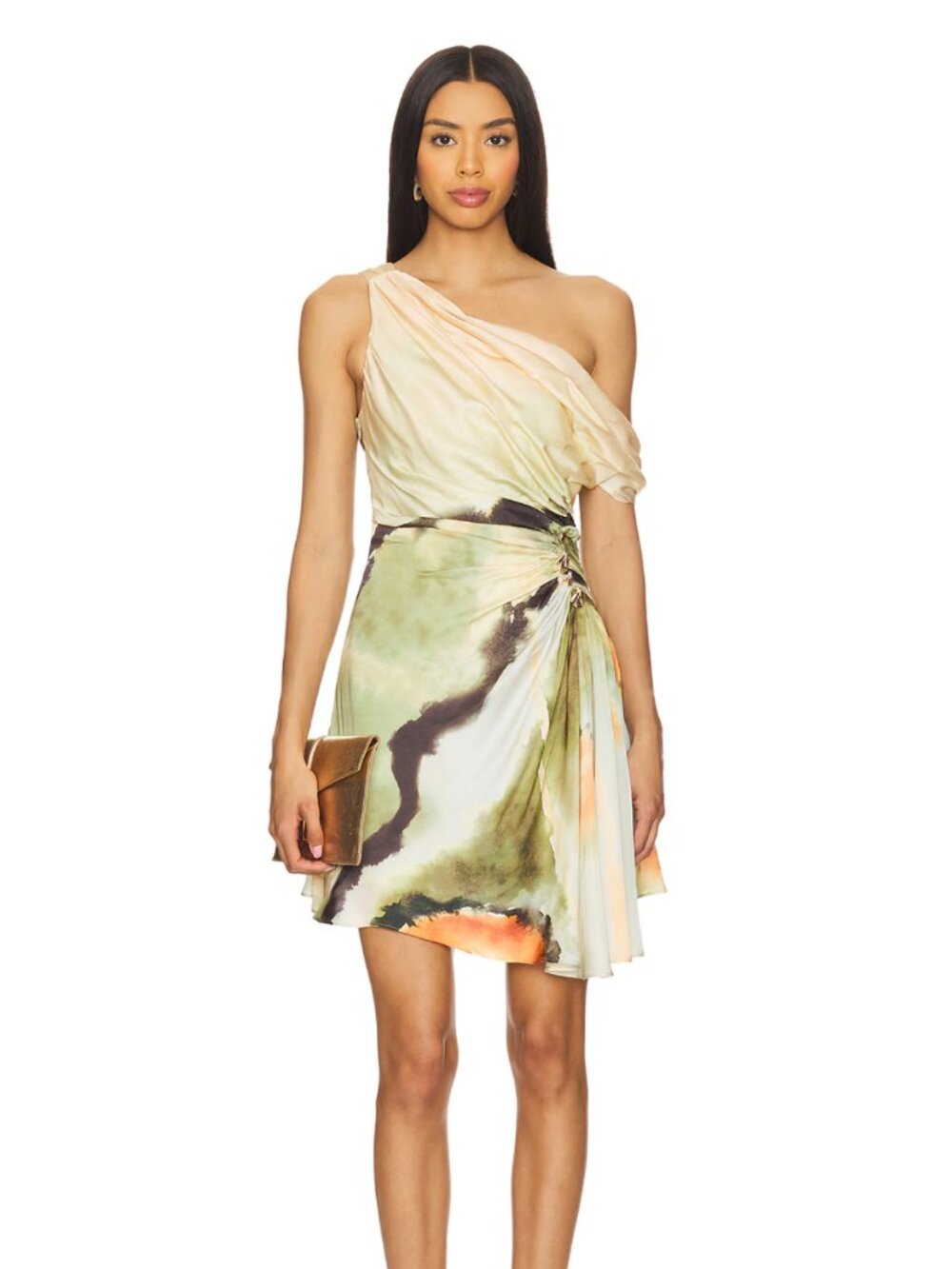 NEW AMUR Elowen Mini DressButterfly Wing Green Cream Yellow Satin One Shoulder
